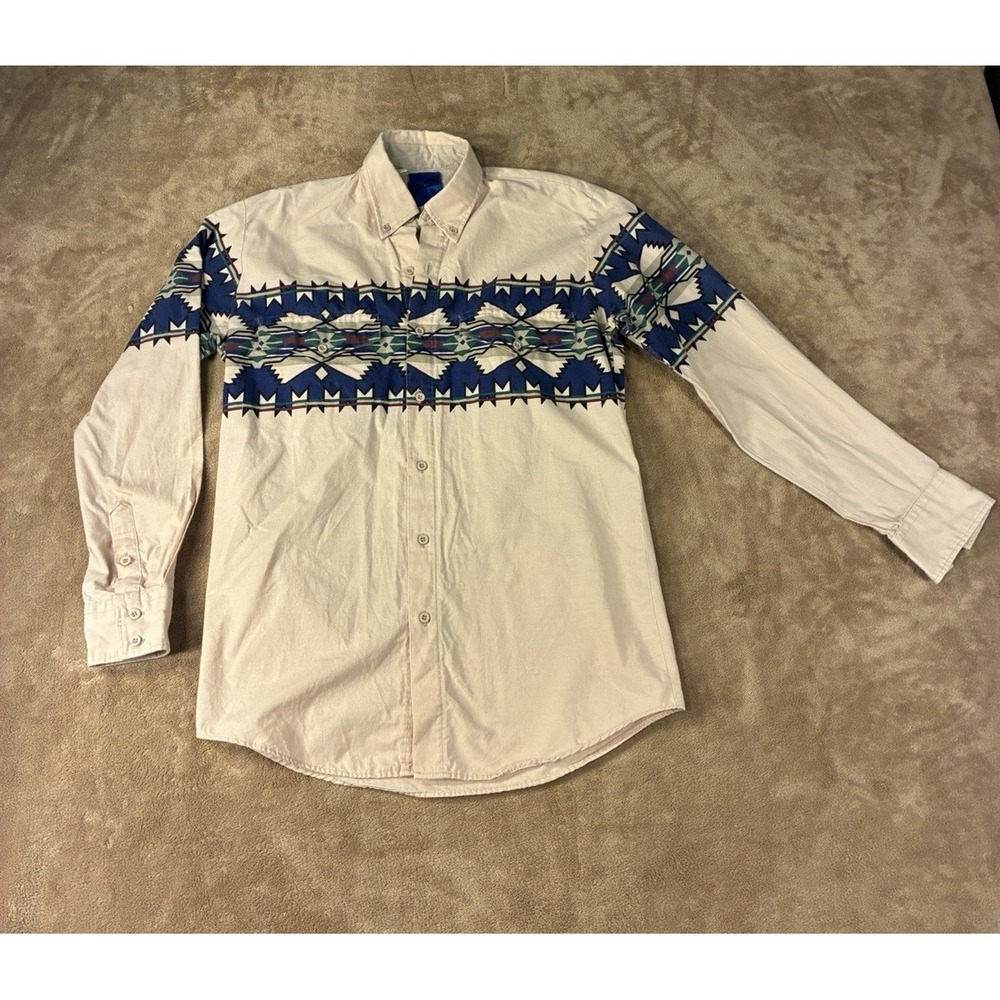 VTG Roper Mens Small Aztec Western Button-down Shirt Tan 100% Cotton Made in USA